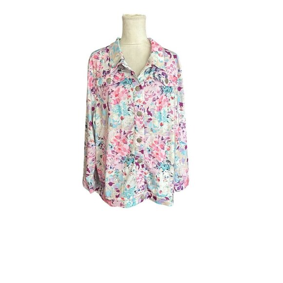 Vintage Floral Button-Up Pink  Shacket Silver Buttons pockets  No size Tag - Picture 1 of 14